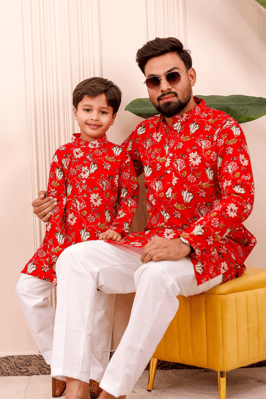 Father-Son Red Garden Kurta Pajama Combo Set