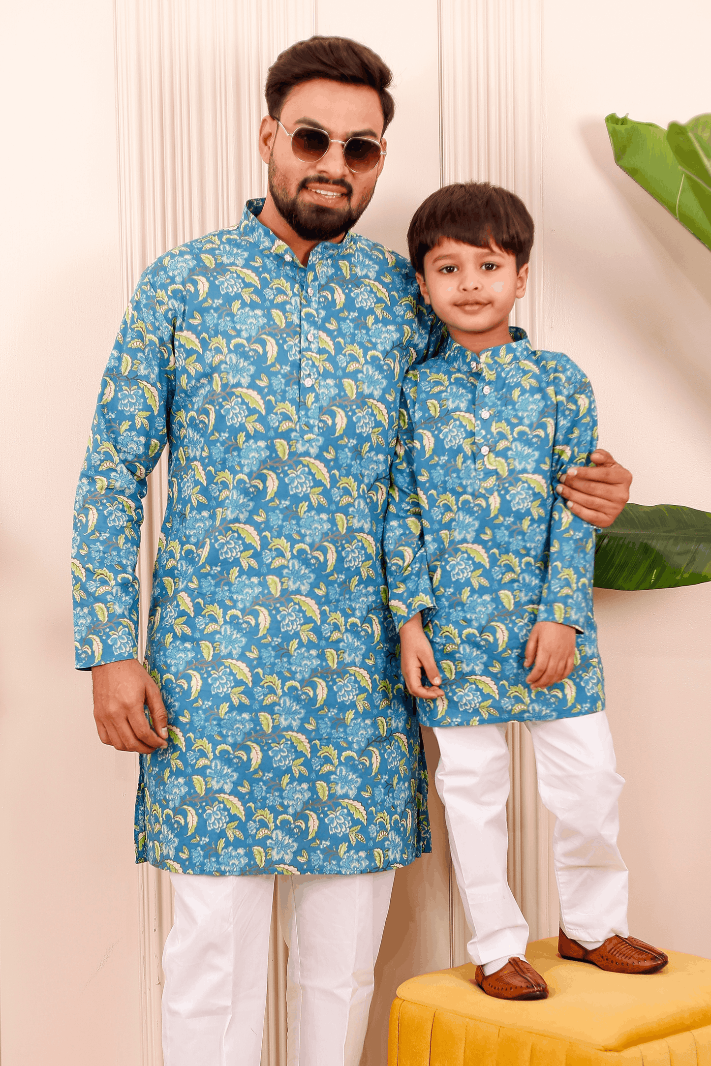 Father-Son Blue Floral Kurta Pajama Combo Set