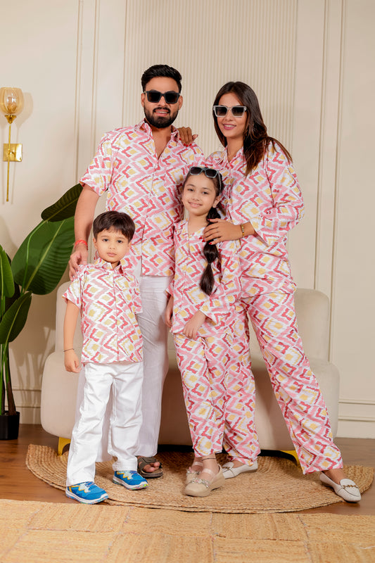 Petal & Pearl full family combo in pastel textured print—matching co-ord sets and shirts in soft cotton. Perfect for family twinning and festive photoshoots.