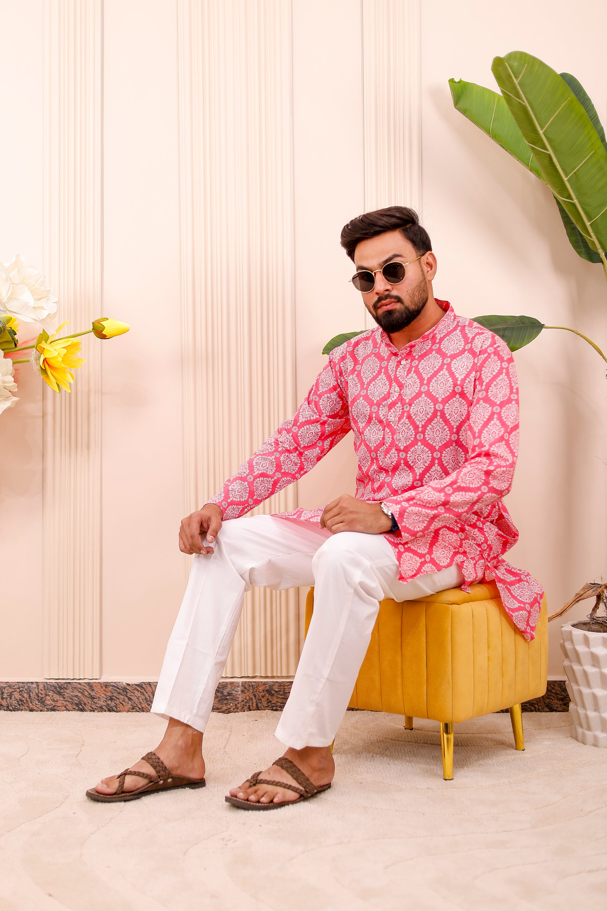 “Men wearing royal pink family matching combo outfit for festive twinning”