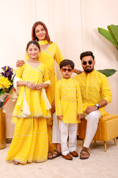 Bright Yellow Family Combo Dress – coordinated matching outfits for father, mother, son, and daughter in festive twinning style.