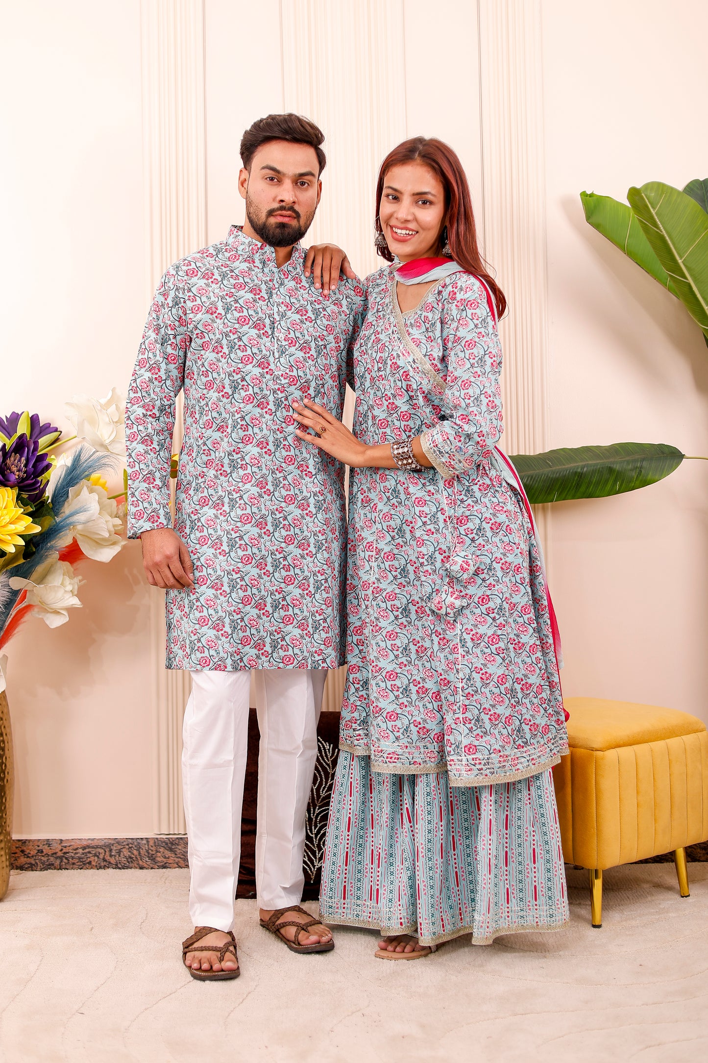 Floral Mint Festive | Couple Matching Kurta Outfit