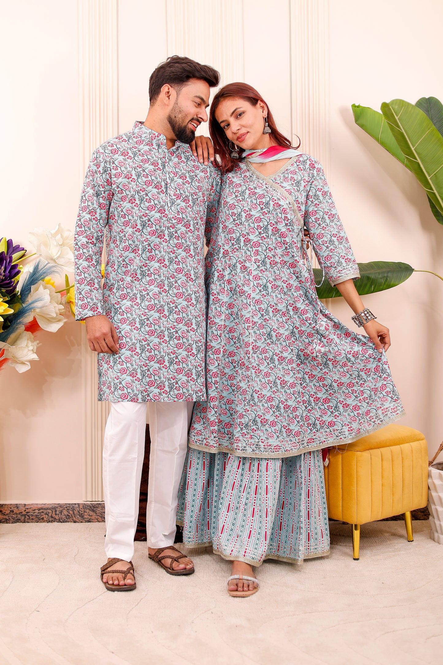 Floral Mint Festive | Couple Matching Kurta Outfit