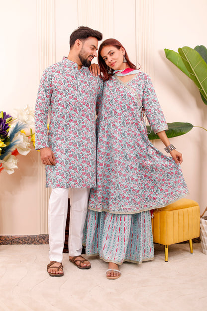 Floral Mint Festive | Couple Matching Kurta Outfit