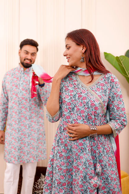 Floral Mint Festive | Couple Matching Kurta Outfit