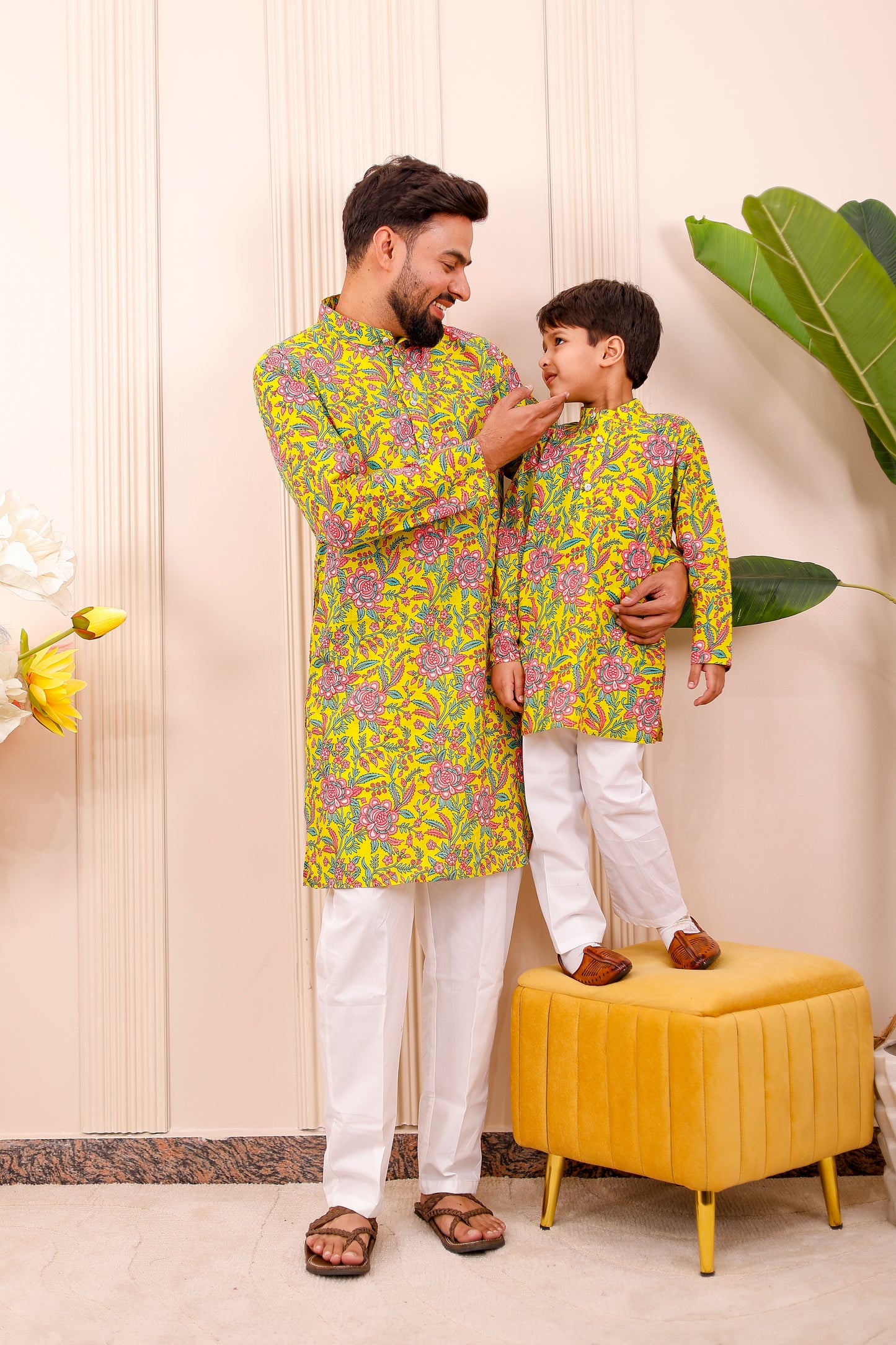 Father-Son Rangoli Yellow Kurta Pajama Combo Set