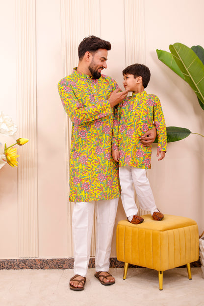 Father-Son Rangoli Yellow Kurta Pajama Combo Set