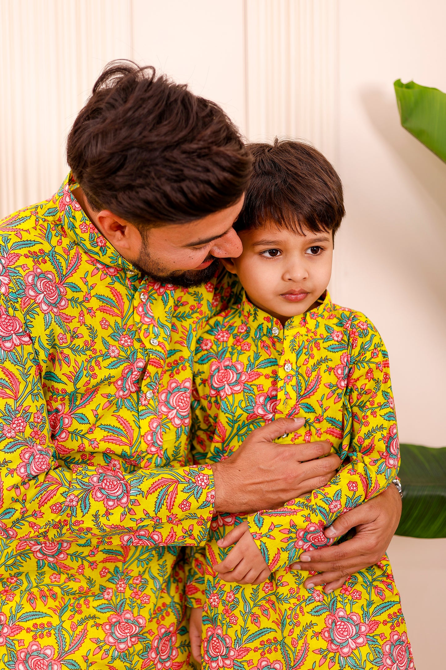 Father-Son Rangoli Yellow Kurta Pajama Combo Set