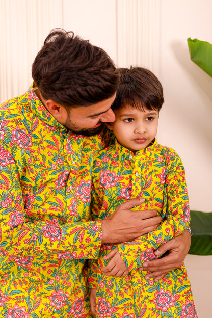 Father-Son Rangoli Yellow Kurta Pajama Combo Set