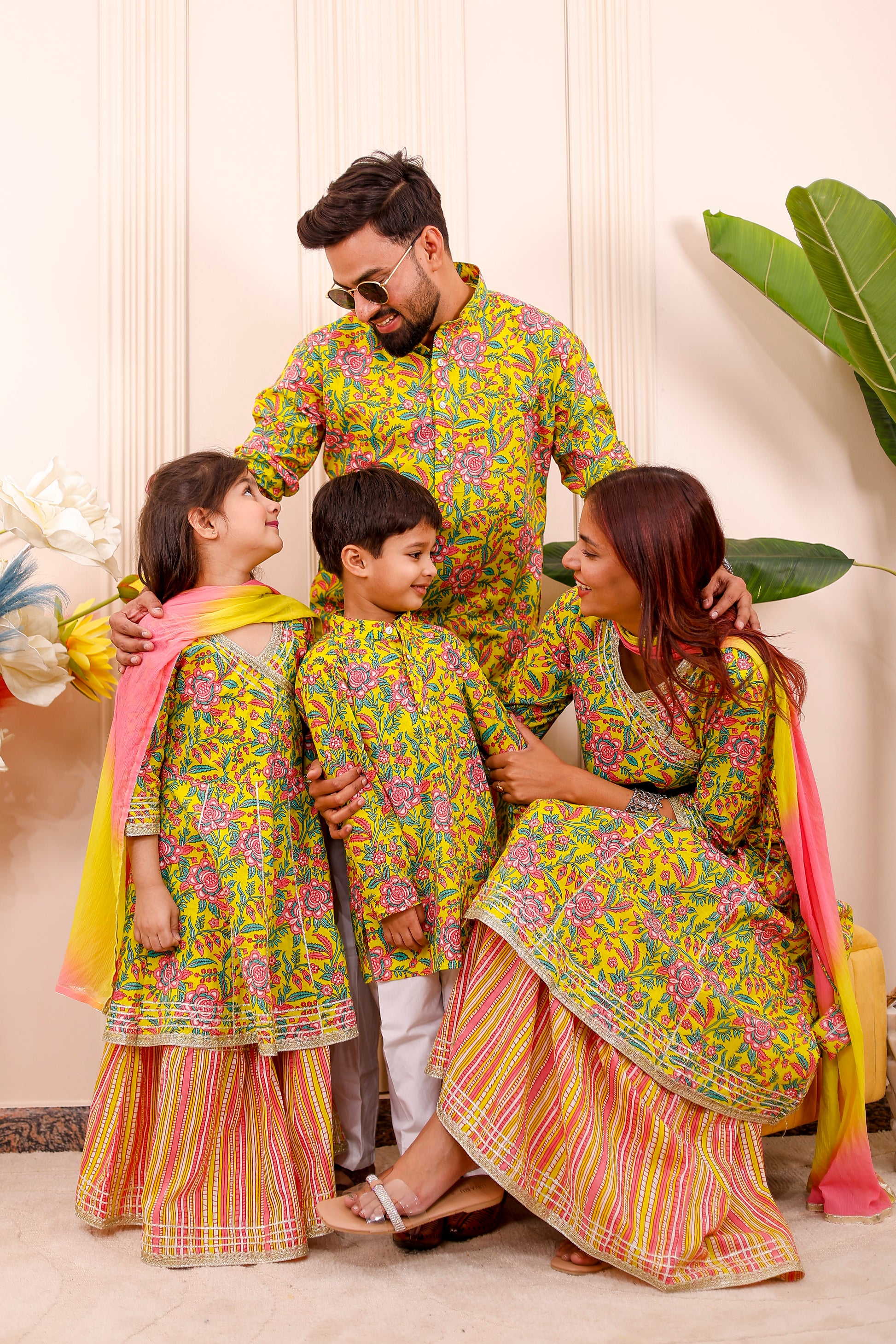 Rangoli Utsav family matching outfit set with coordinated outfits for mom, dad, and kids, perfect for festivals, weddings, and photoshoot .