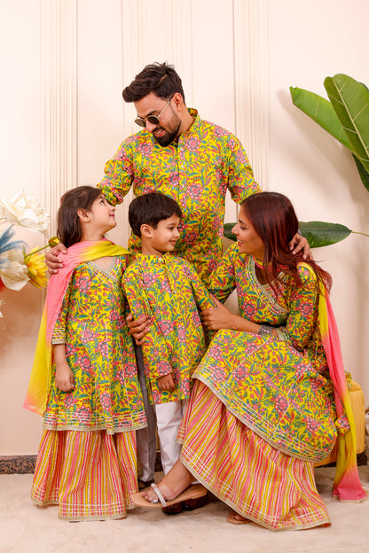 Rangoli Utsav family matching outfit set with coordinated outfits for mom, dad, and kids, perfect for festivals, weddings, and photoshoot .