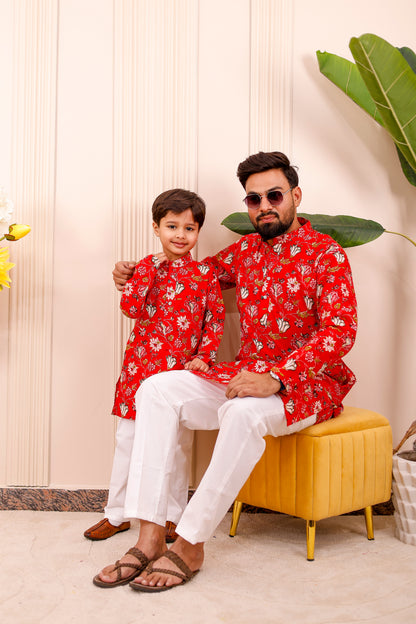 Father-Son Red Garden Kurta Pajama Combo Set
