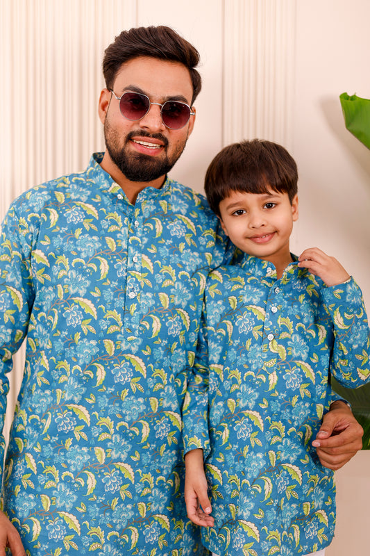 Father-Son Blue Floral Kurta Pajama Combo Set