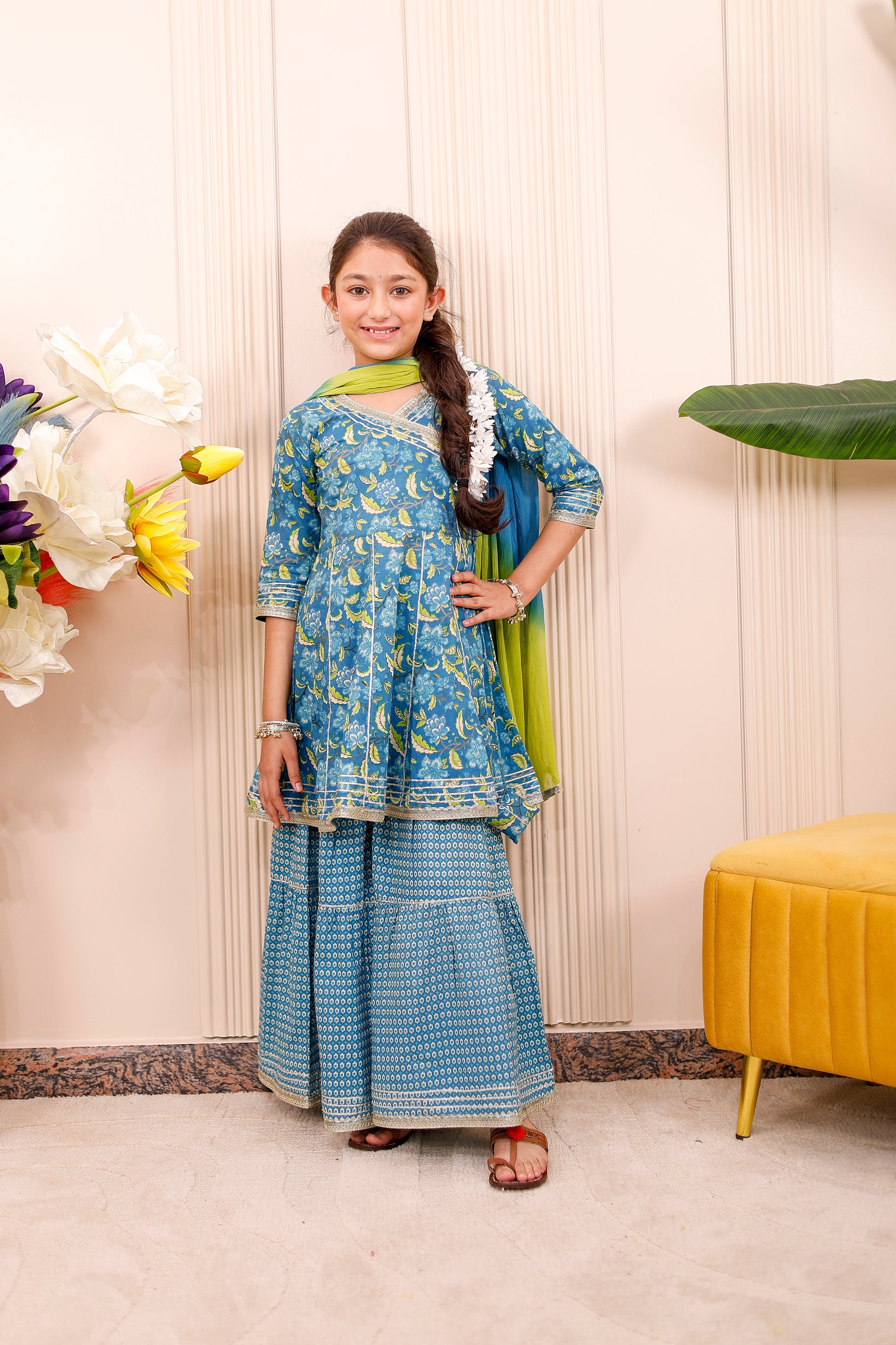 Red floral ethnic outfit for girls in family matching set, ideal for twinning with family on festive occasions