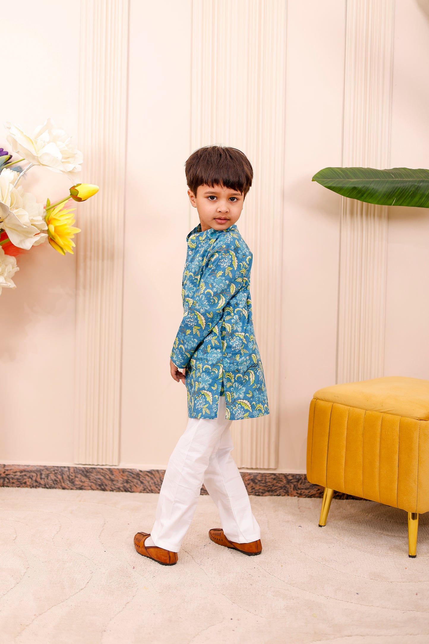 Red floral ethnic outfit for boys in family matching set, perfect for festive celebrations and family photoshoots