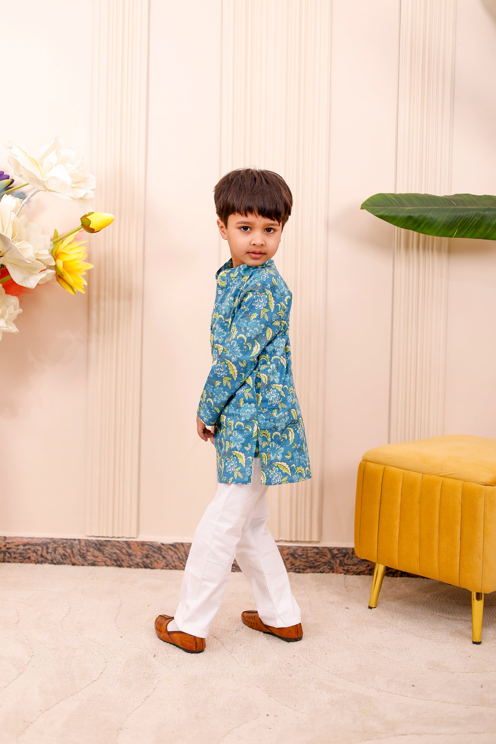 Red floral ethnic outfit for boys in family matching set, perfect for festive celebrations and family photoshoots