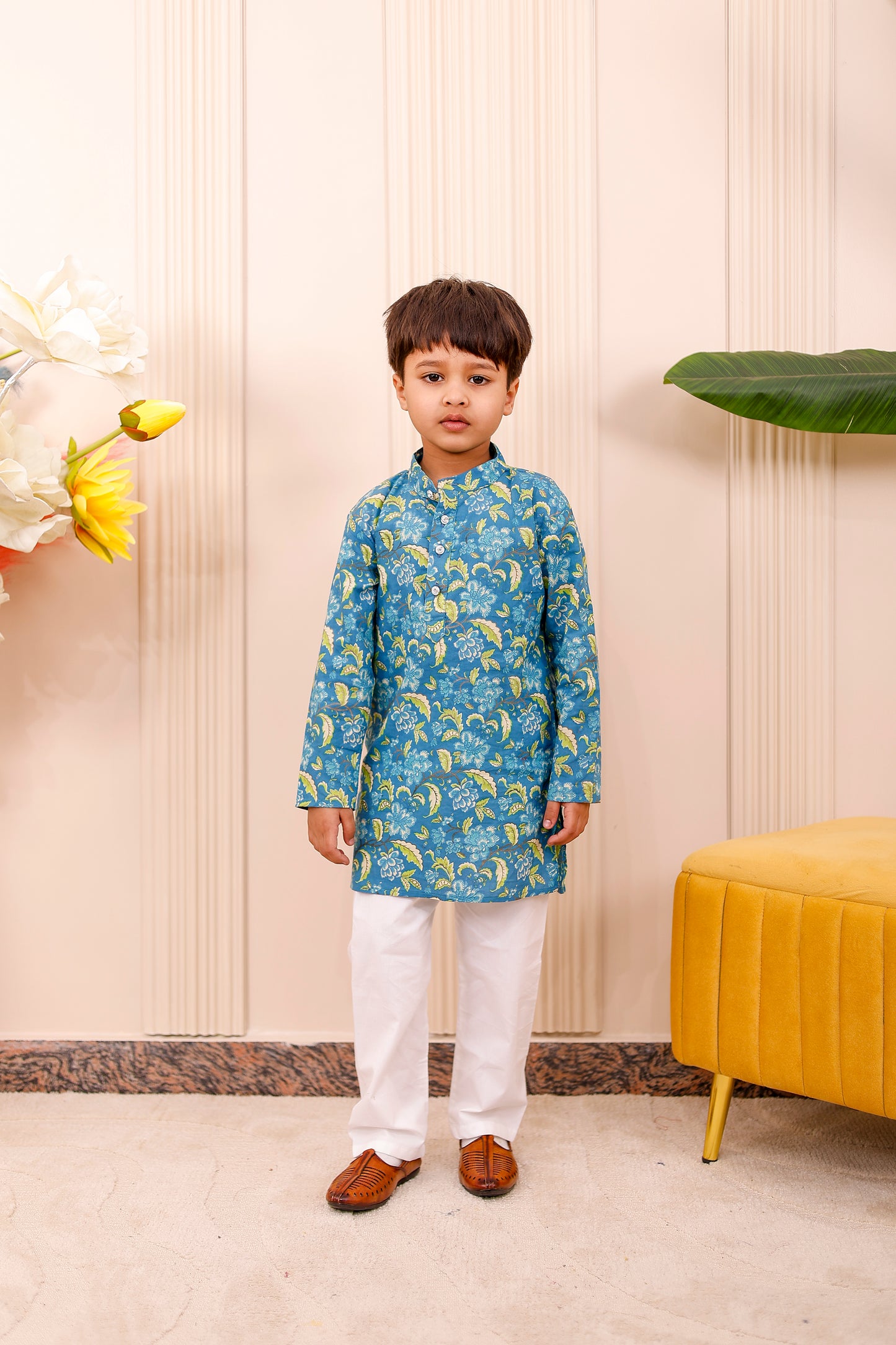Father-Son Blue Floral Kurta Pajama Combo Set