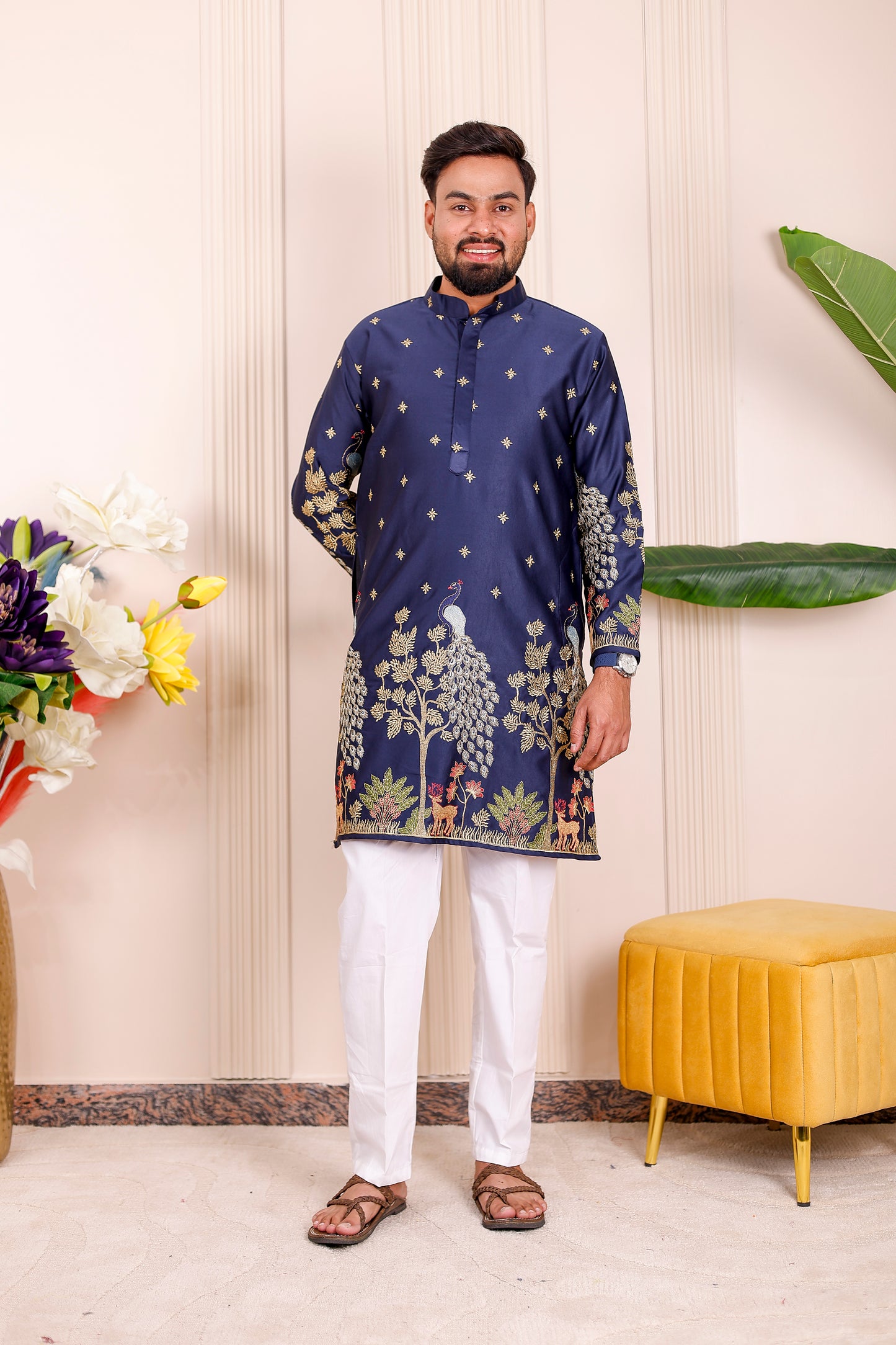 Father-Son Nazakat Blue Peacock Embroidered Kurta Pajama Combo Set