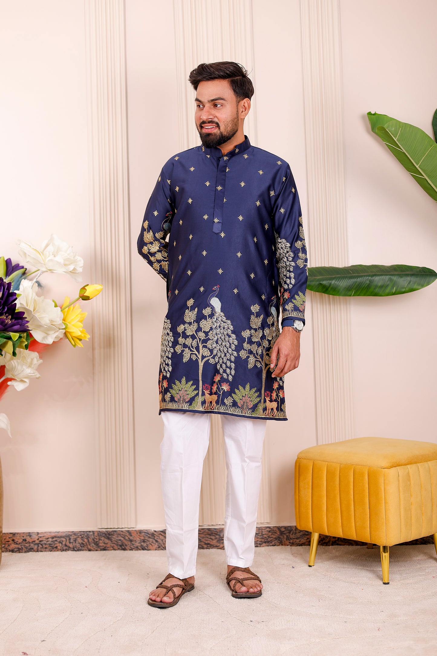 Father-Son Nazakat Blue Peacock Embroidered Kurta Pajama Combo Set