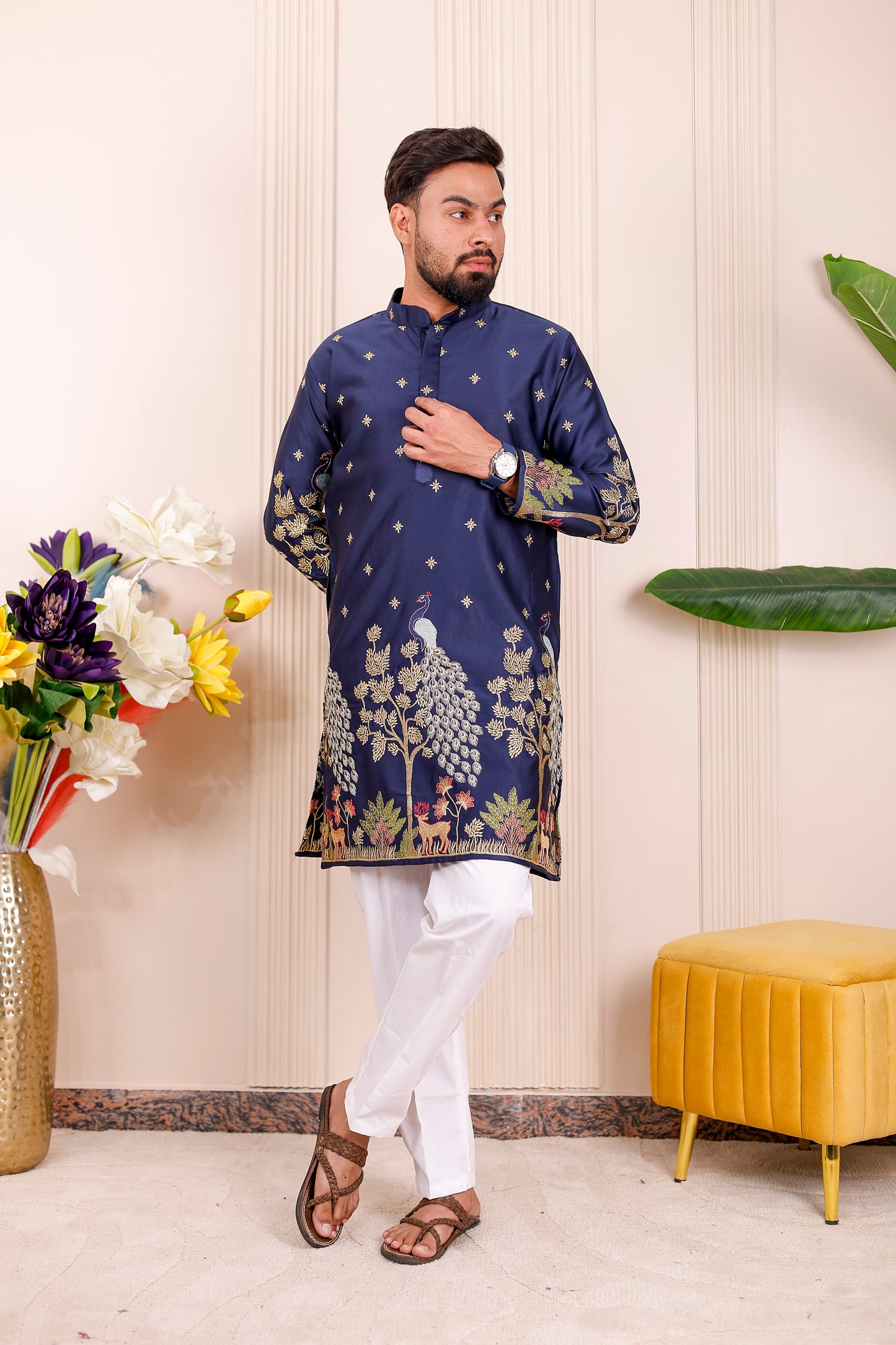 Father-Son Nazakat Blue Peacock Embroidered Kurta Pajama Combo Set