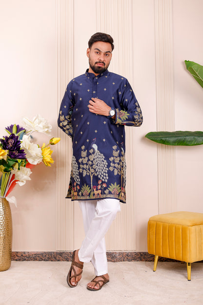 Father-Son Nazakat Blue Peacock Embroidered Kurta Pajama Combo Set