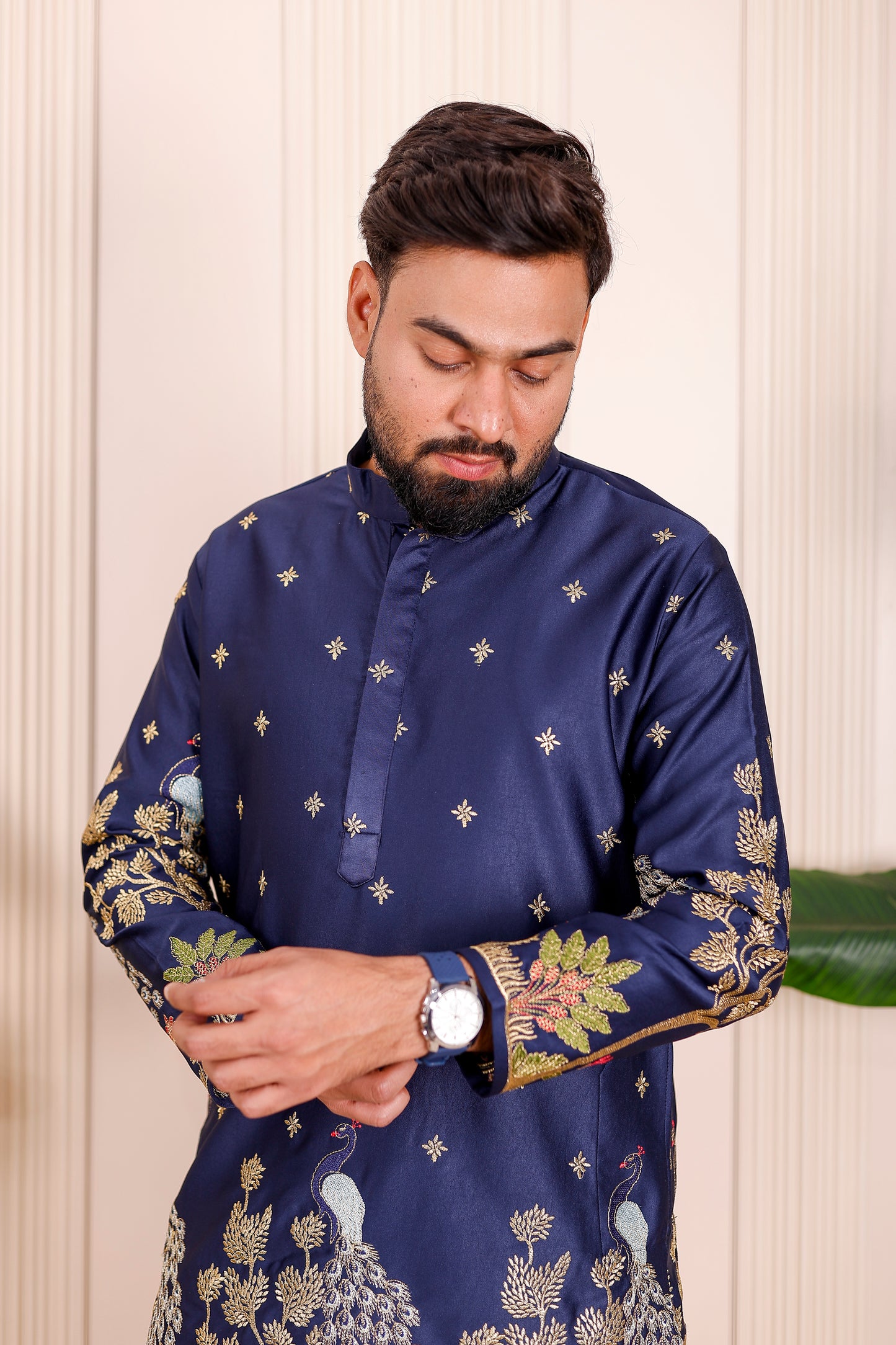 Father-Son Nazakat Blue Peacock Embroidered Kurta Pajama Combo Set