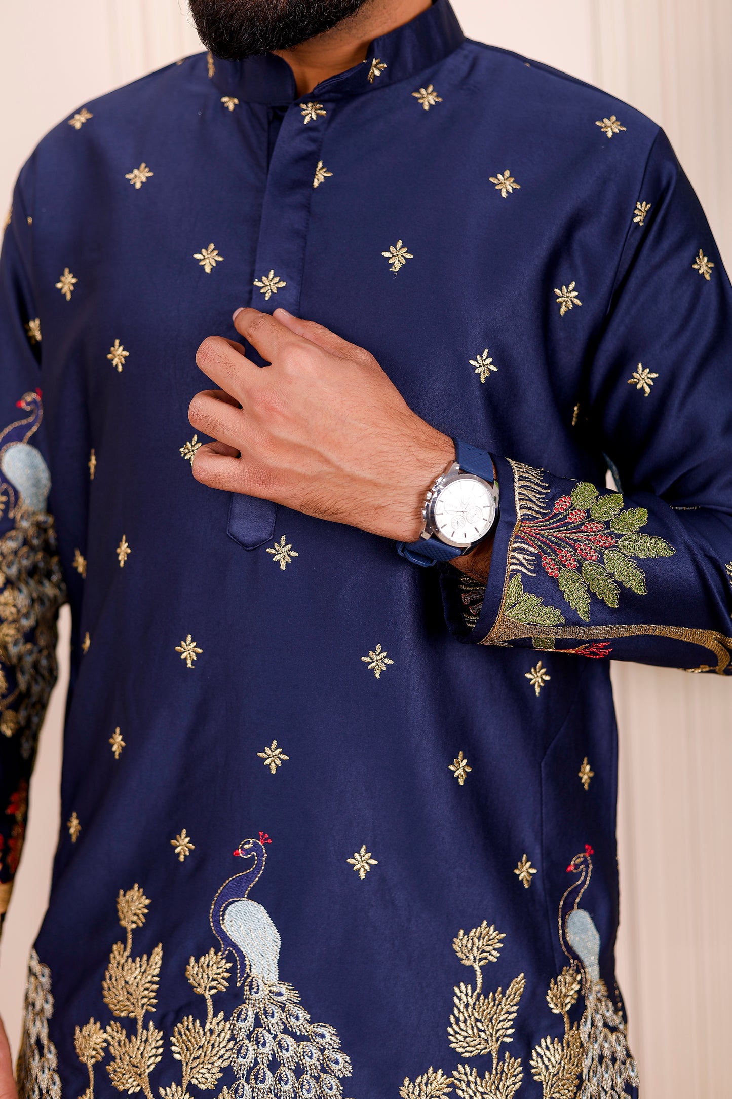 Father-Son Nazakat Blue Peacock Embroidered Kurta Pajama Combo Set