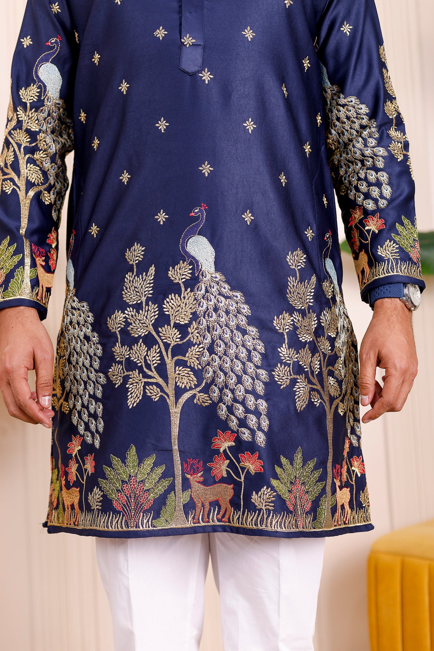 Father-Son Nazakat Blue Peacock Embroidered Kurta Pajama Combo Set