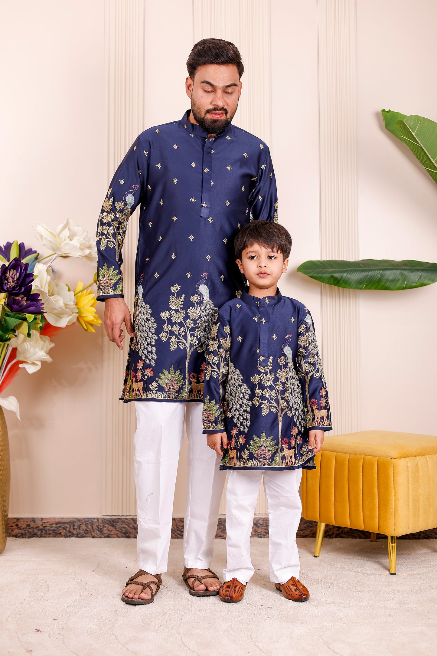 Father-Son Nazakat Blue Peacock Embroidered Kurta Pajama Combo Set