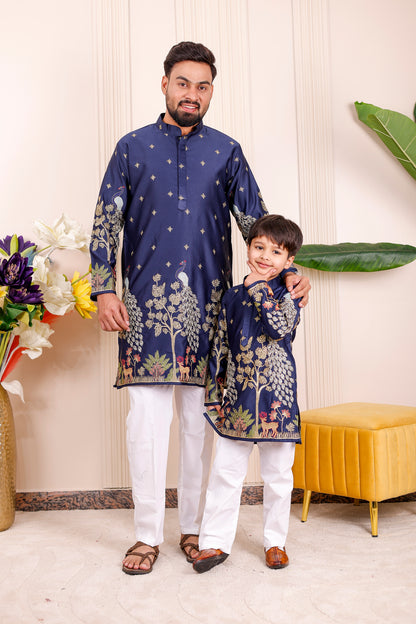 Father-Son Nazakat Blue Peacock Embroidered Kurta Pajama Combo Set
