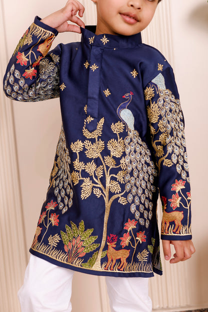 Father-Son Nazakat Blue Peacock Embroidered Kurta Pajama Combo Set