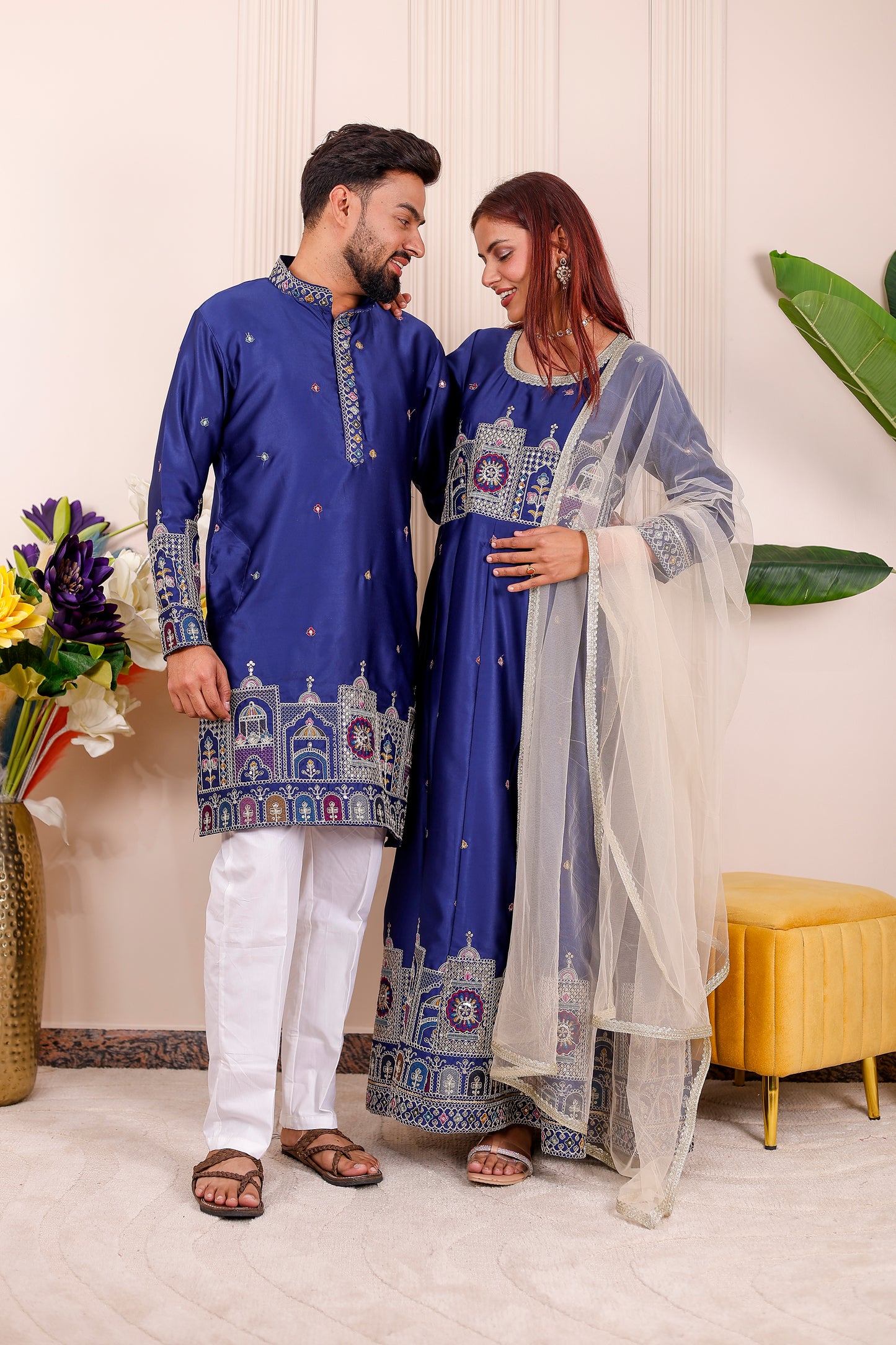 Blue Heritage Embroidered Matching Set for Couples – elegant wedding and festive twinning wear