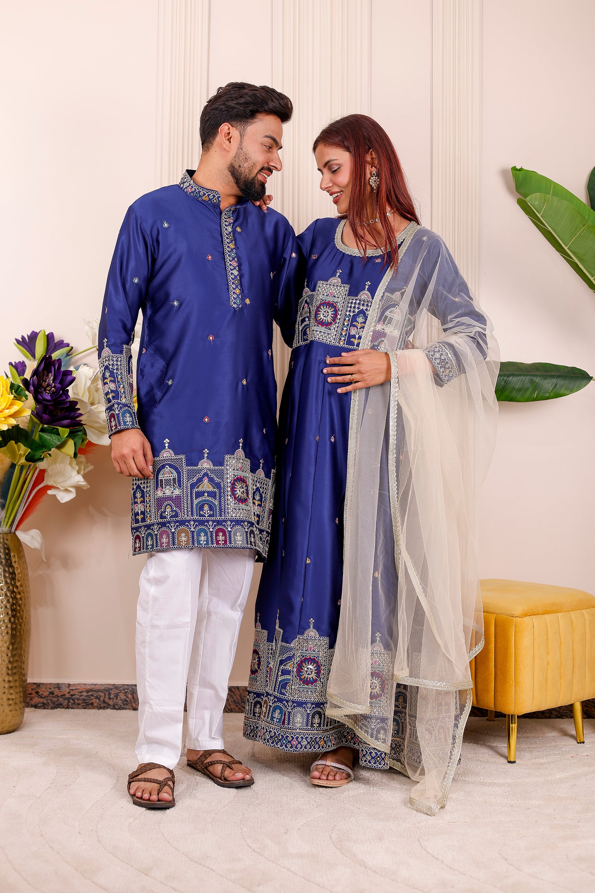 Blue Heritage Embroidered Matching Set for Couples – elegant wedding and festive twinning wear