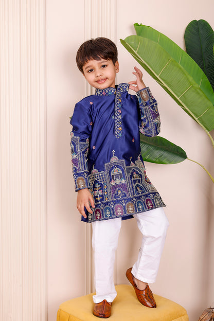 Father-Son Royal Blue Heritage Embroidered Kurta Pajama Combo Set
