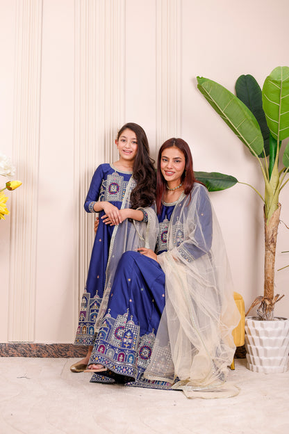 Blue Heritage Embroidered Mother Daughter Twinning Outfit – matching anarkali dress set