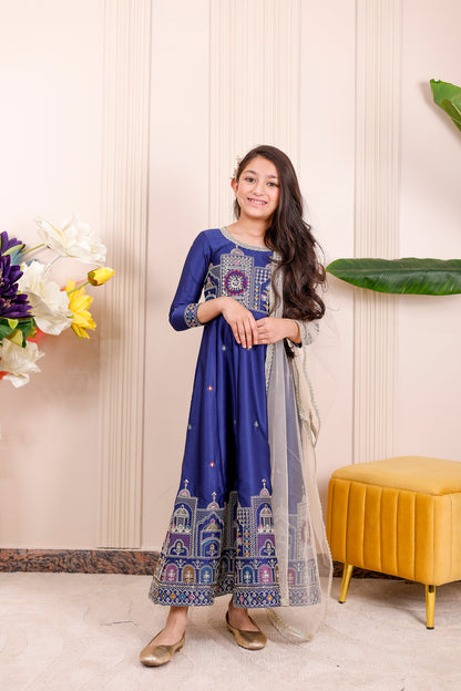 Blue Heritage Embroidered Anarkali Dress for Girls with Dupatta – festive and wedding wear