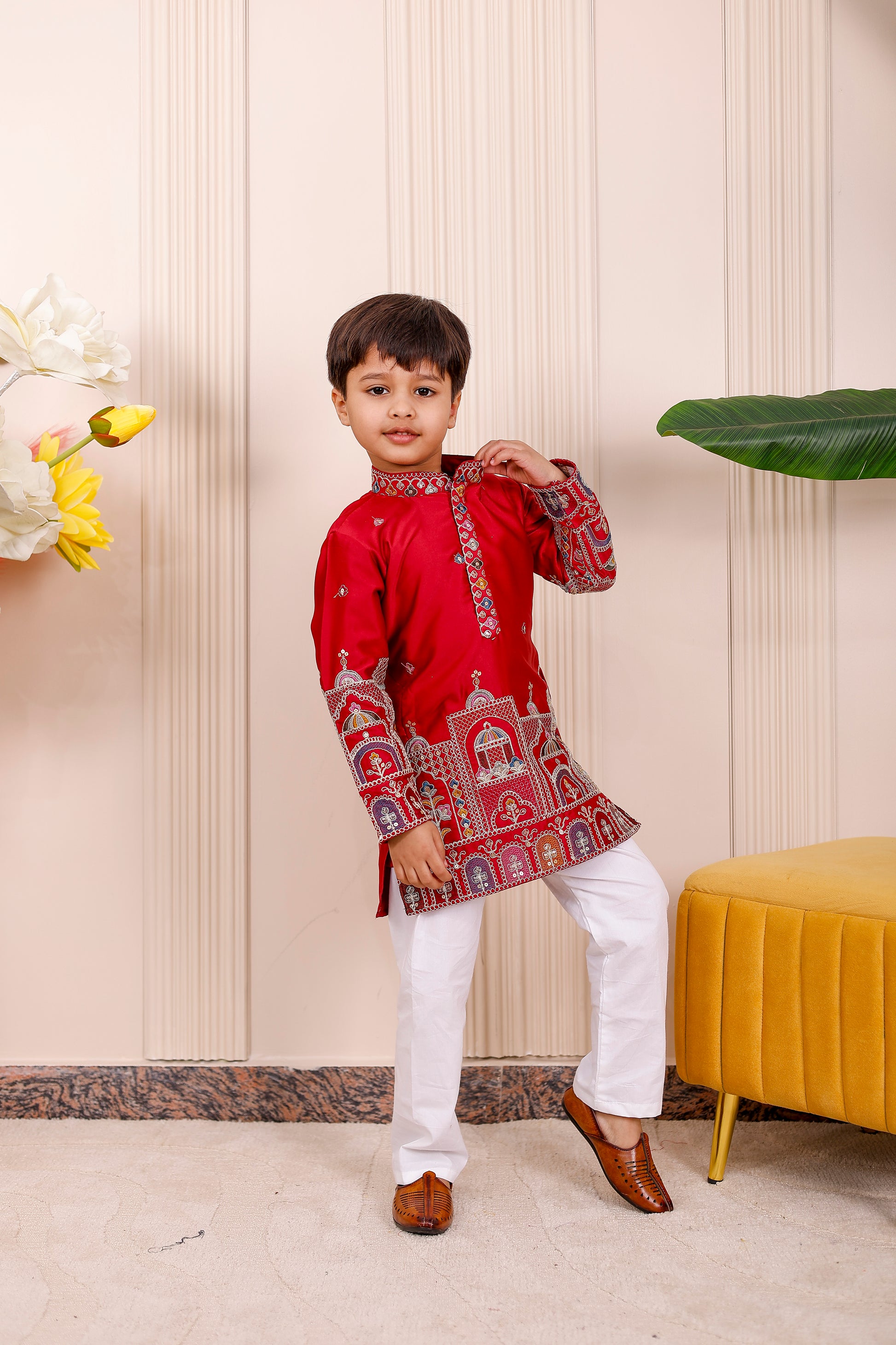  Red Heritage Embroidered Kurta Pajama for Boys – father-son matching outfit for festivals and weddings