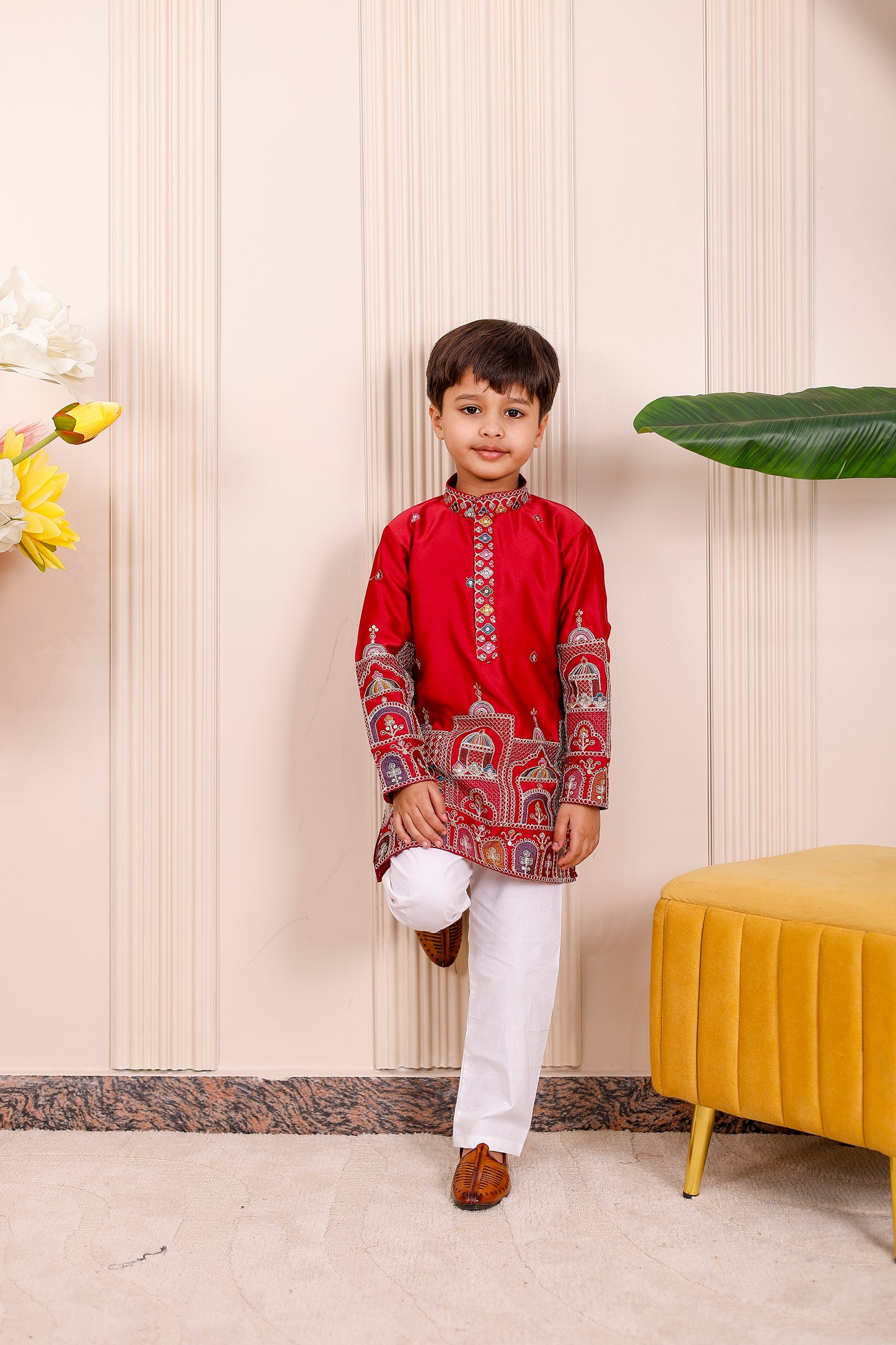 Father-Son Red Heritage Embroidered Kurta Pajama Combo Set