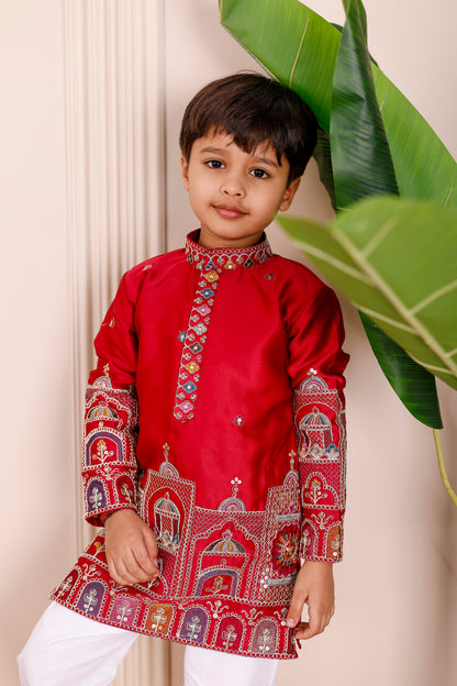 3. Red Heritage Embroidered Kurta Pajama for Boys – father-son matching outfit for festivals and weddings