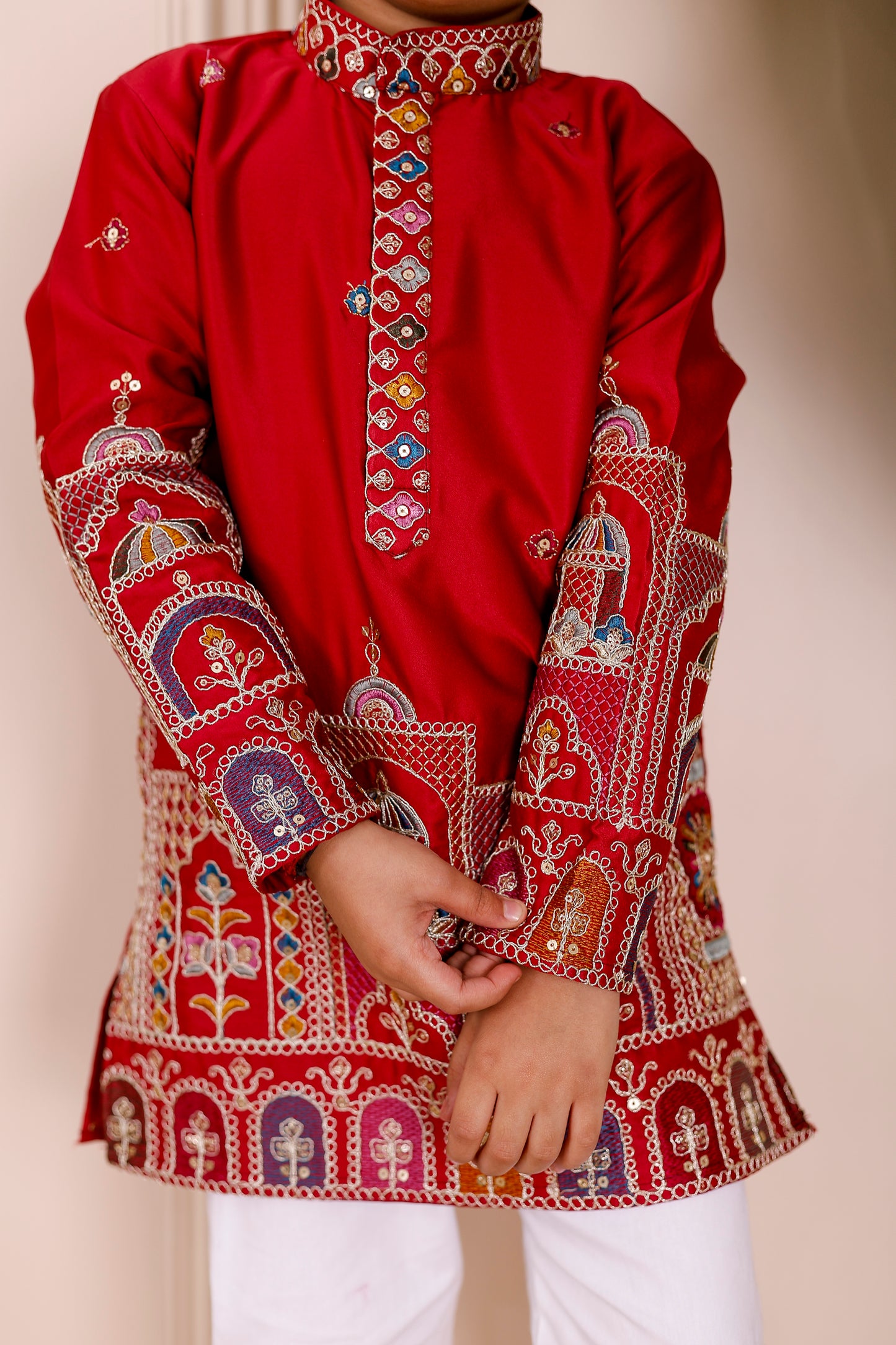 Father-Son Red Heritage Embroidered Kurta Pajama Combo Set