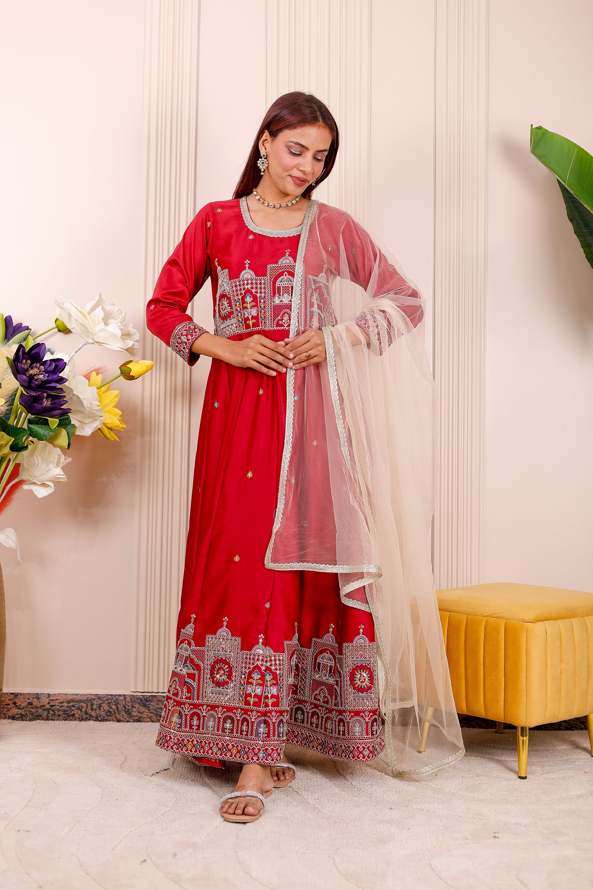 red ethnic dress Women Red Anarkali Suit Set Indian Ethnic Party Wear Embroidered Gown Dupatta