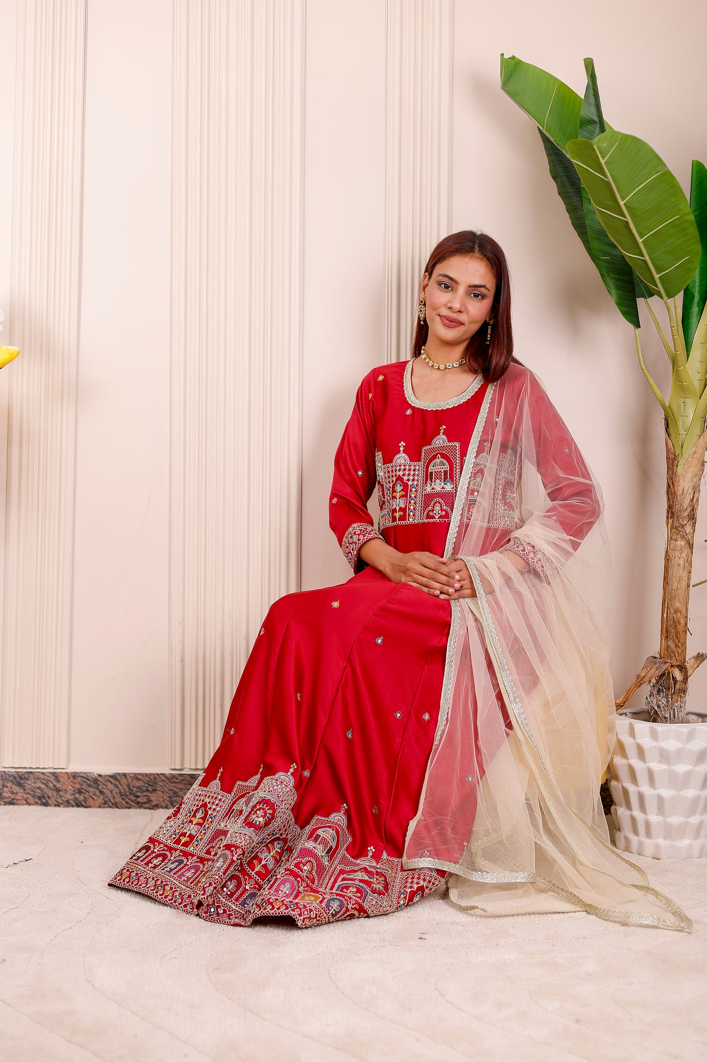 red ethnic dress Women Red Anarkali Suit Set Indian Ethnic Party Wear Embroidered Gown Dupatta