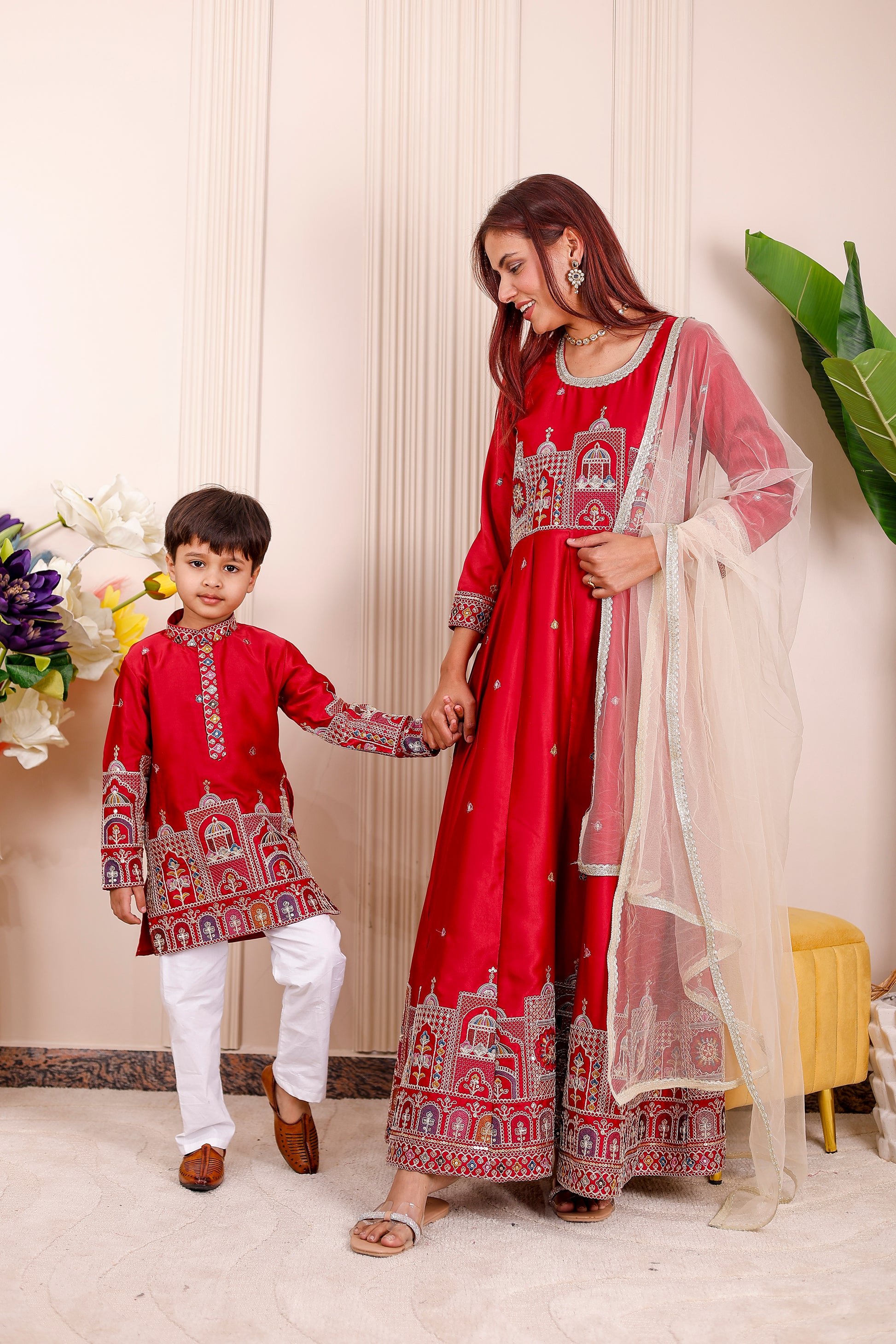 Red Heritage Embroidered Matching Outfit for Mother and Son – elegant festive and wedding ethnic wear
