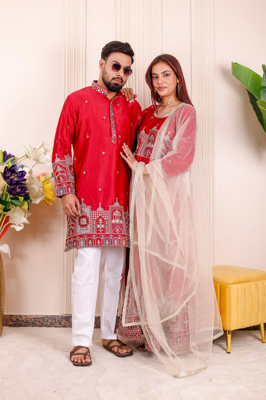 Red Heritage Embroidered Couple Matching Outfit – coordinated ethnic wear for weddings, festivals, and family photoshoots