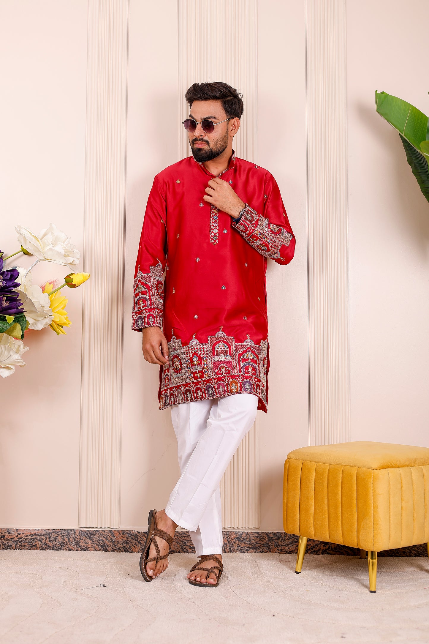 Red Heritage Embroidered Kurta Pajama for Men – festive and wedding ethnic wear.