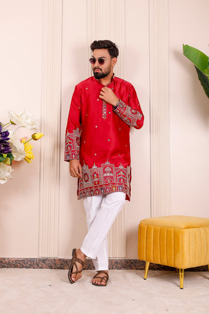 Red Heritage Embroidered Kurta Pajama for Men – festive and wedding ethnic wear.