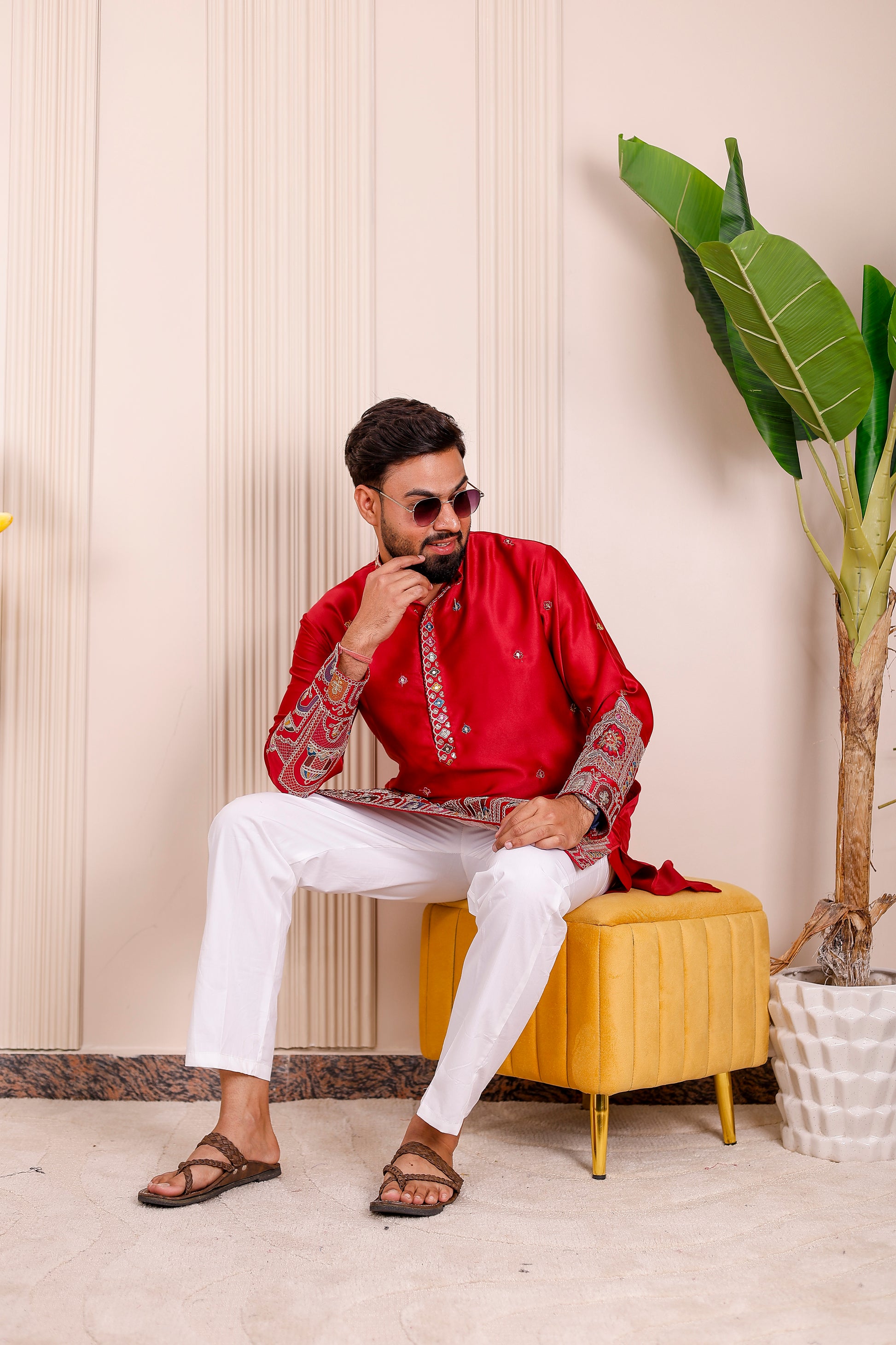 Red Heritage Embroidered Kurta Pajama for Men – festive and wedding ethnic wear