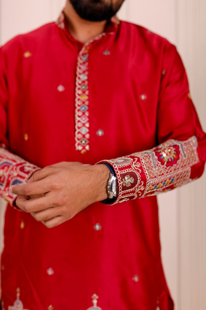 Father-Son Red Heritage Embroidered Kurta Pajama Combo Set