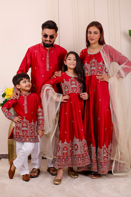 Red Heritage Embroidered Family Matching Outfit – coordinated family combo dress for men, women, boys, and girls, perfect for weddings, Holi, festivals, and photoshoots