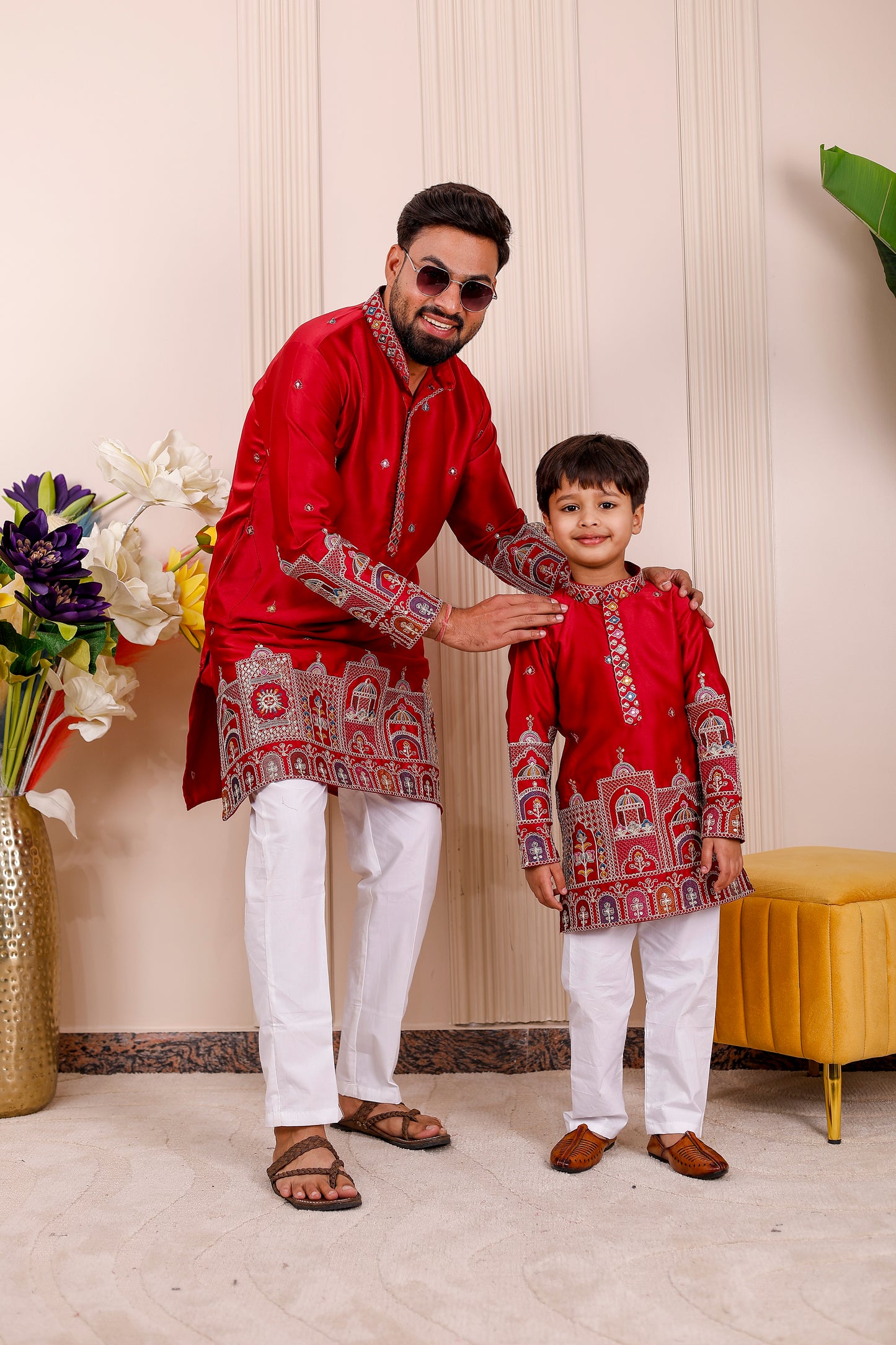 Father-Son Red Heritage Embroidered Kurta Pajama Combo Set